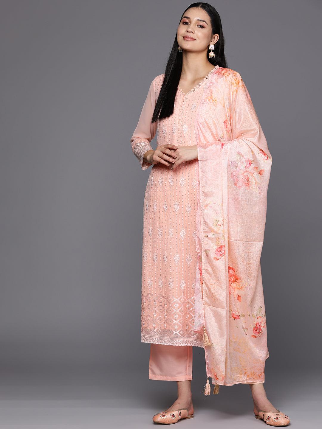 Peach Embroidered Georgette Straight Suit Set With Trousers - Libas