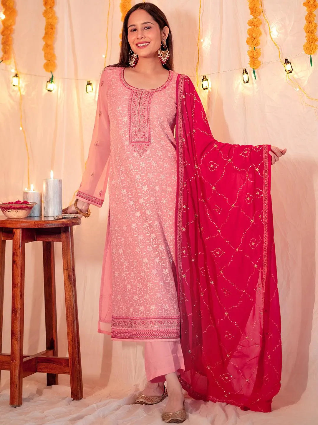 Peach Embroidered Georgette Straight Kurta With Trousers & Dupatta - Libas