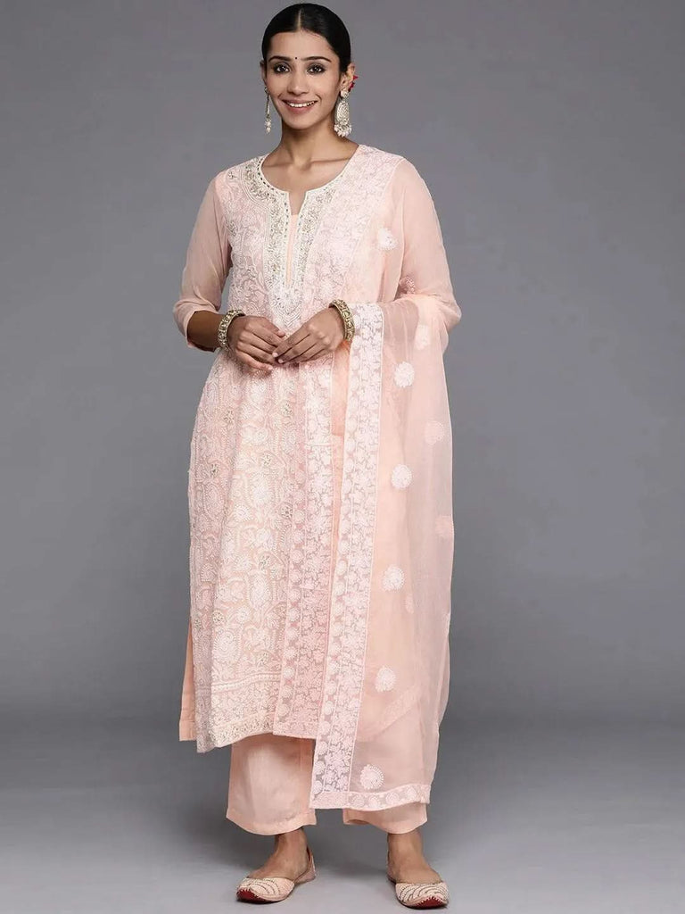 Libas Peach Embroidered Georgette Straight Kurta With Trousers & Dupatta
