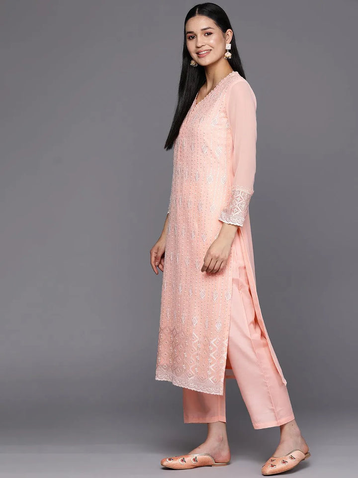 Peach Embroidered Georgette Straight Suit Set With Trousers - Libas