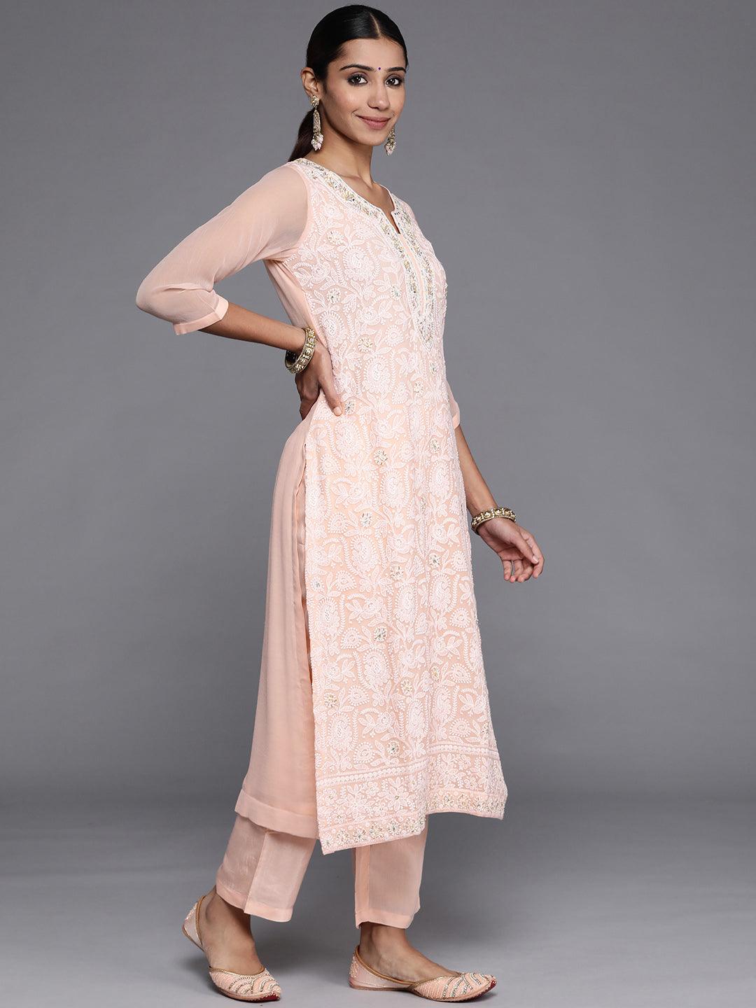 Peach Embroidered Poly Georgette Straight Suit Set - Libas