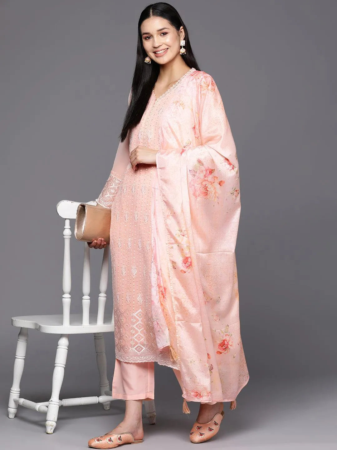 Peach Embroidered Georgette Straight Suit Set With Trousers - Libas