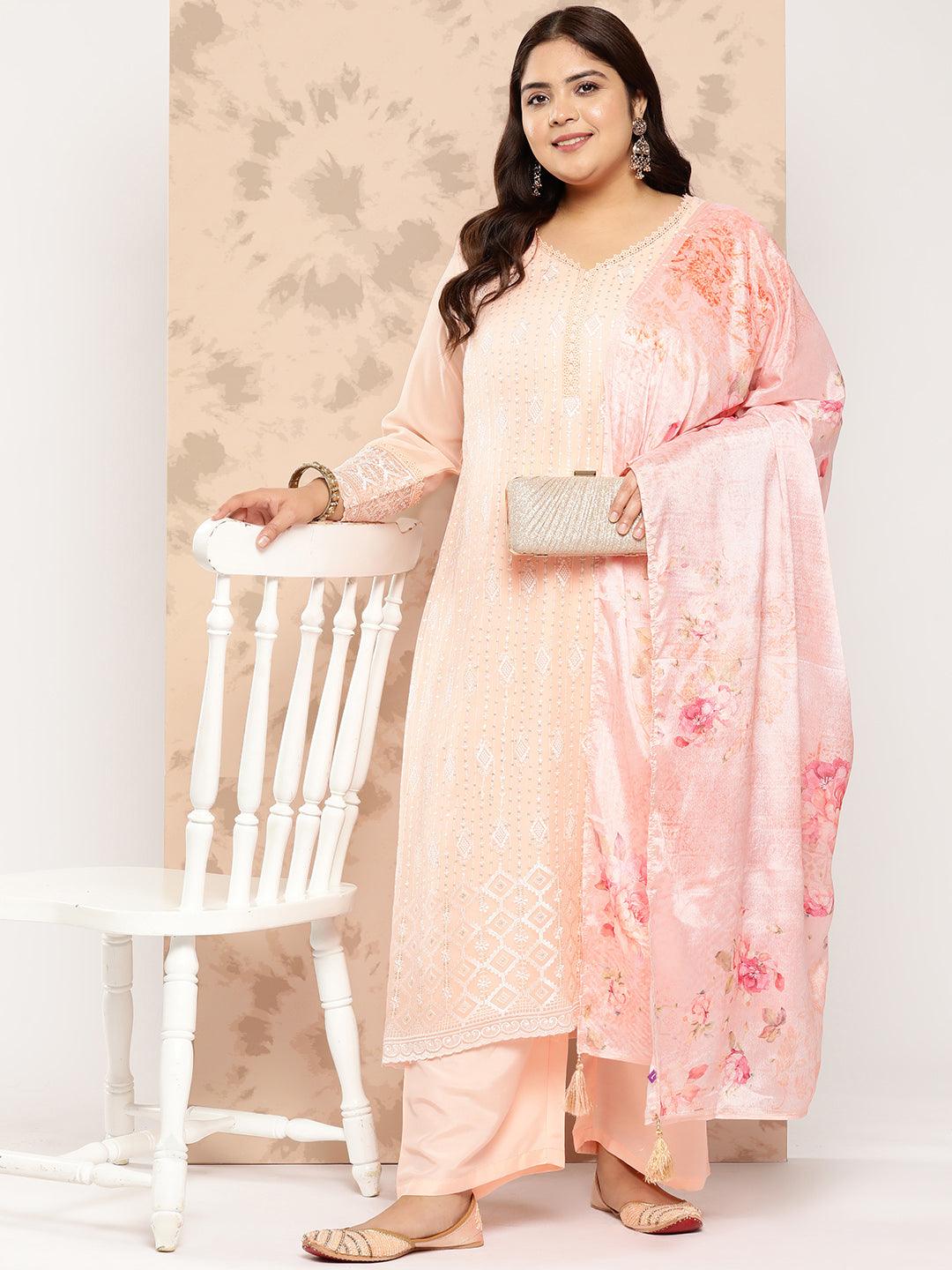 Peach Embroidered Georgette Straight Kurta With Trousers and Dupatta - Libas
