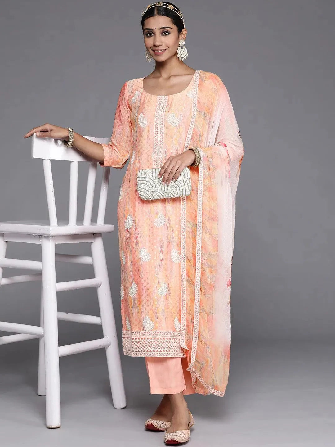 Peach Embroidered Poly Georgette Straight Suit Set - Libas 
