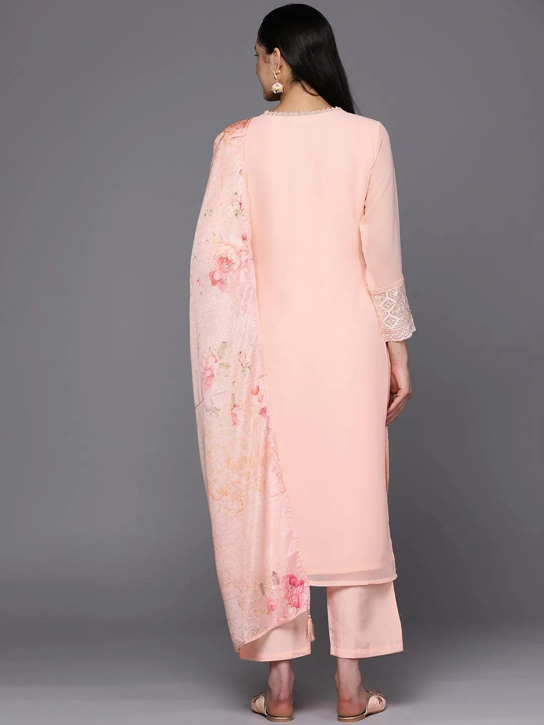 Peach Embroidered Georgette Straight Suit Set With Trousers - Libas