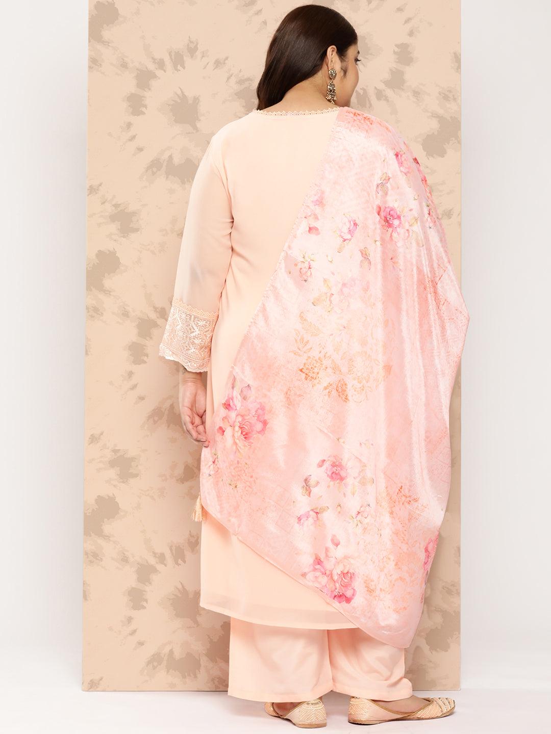 Peach Embroidered Georgette Straight Kurta With Trousers and Dupatta