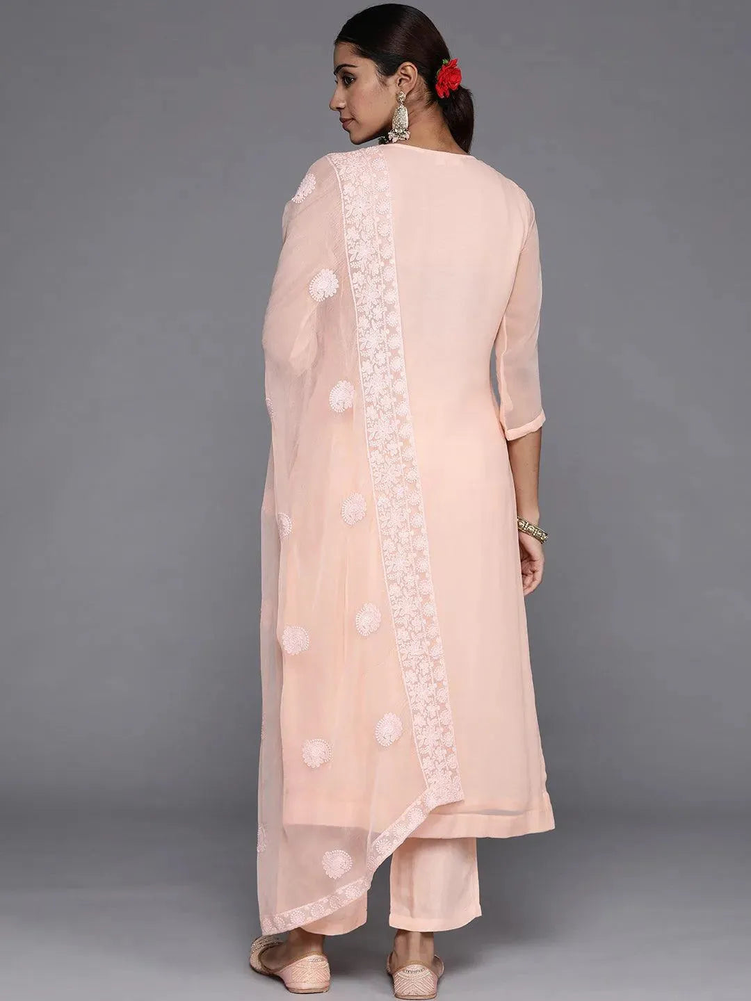 Peach Embroidered Poly Georgette Straight Suit Set - Libas 