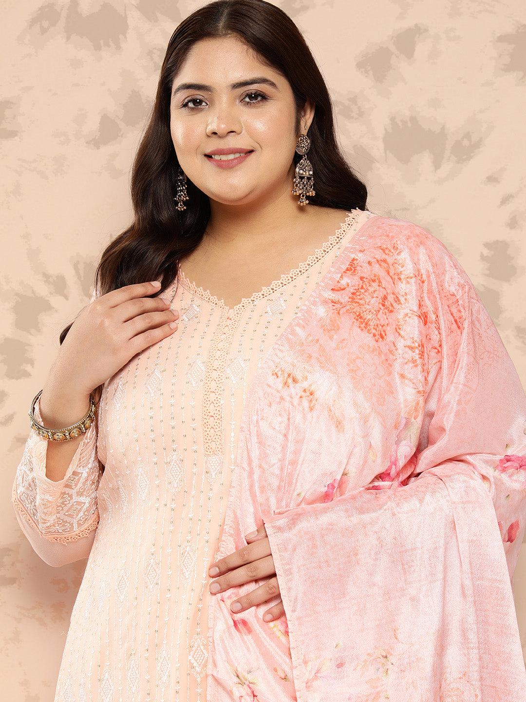 Peach Embroidered Georgette Straight Kurta With Trousers and Dupatta