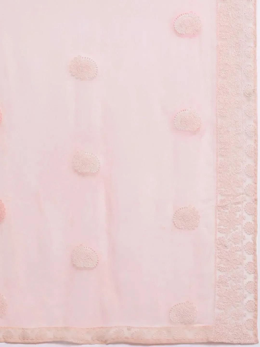 

Peach Embroidered Georgette Straight Kurta With Trousers & Dupatta
