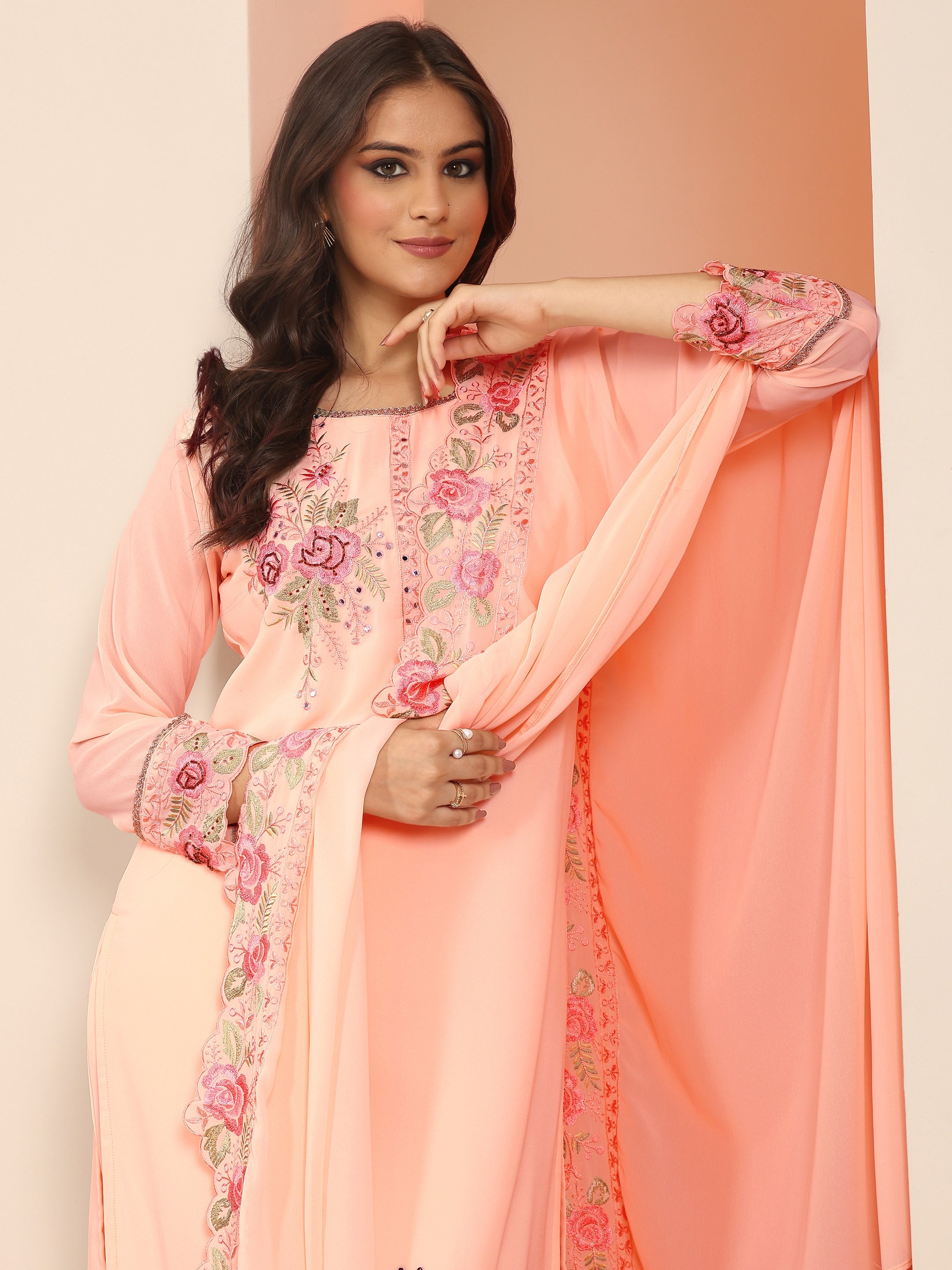 libas Peach Embroidered Georgette Straight Suit Set With Dupatta-picture-26