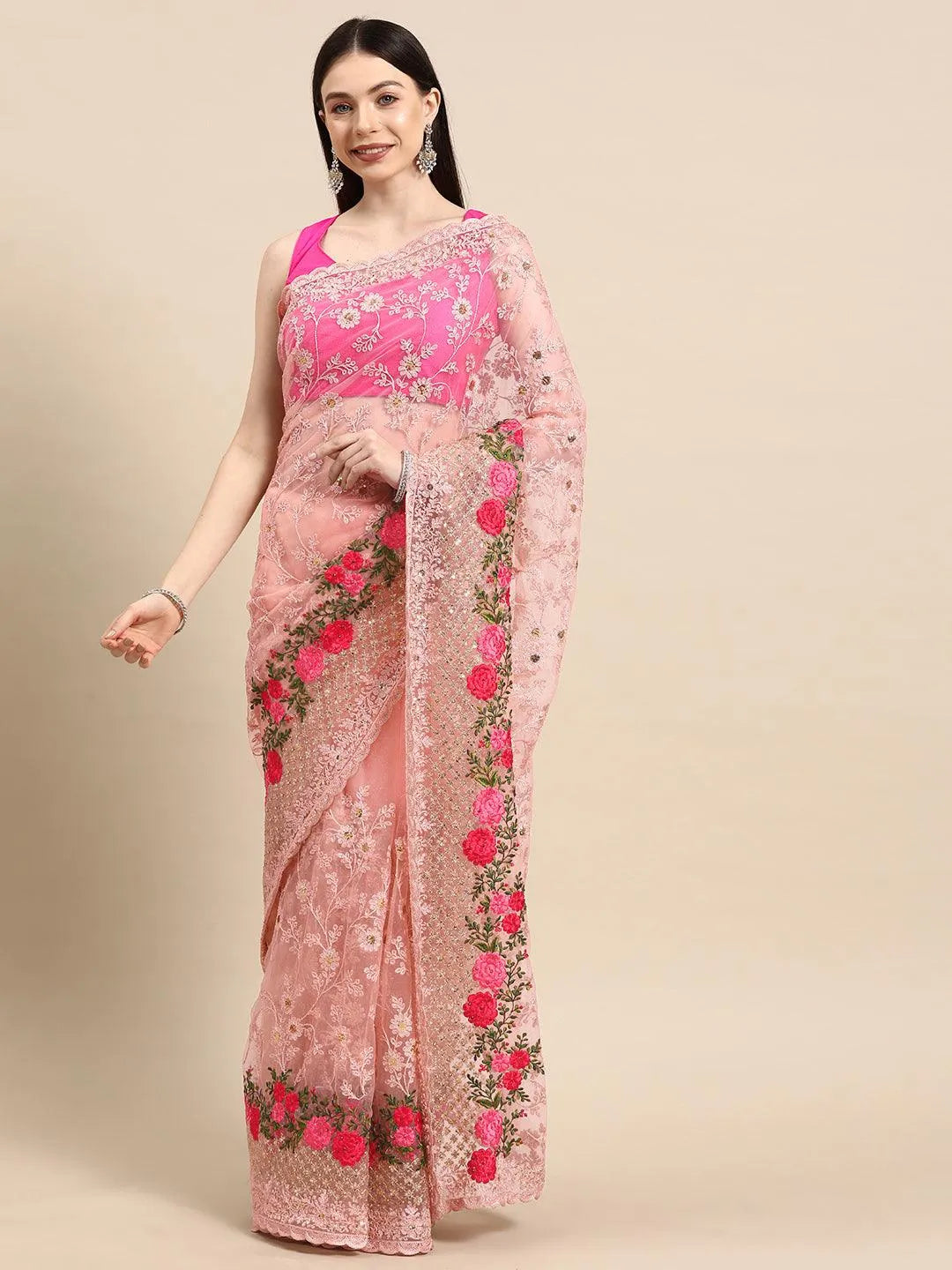 Peach Embroidered Net Saree - Libas