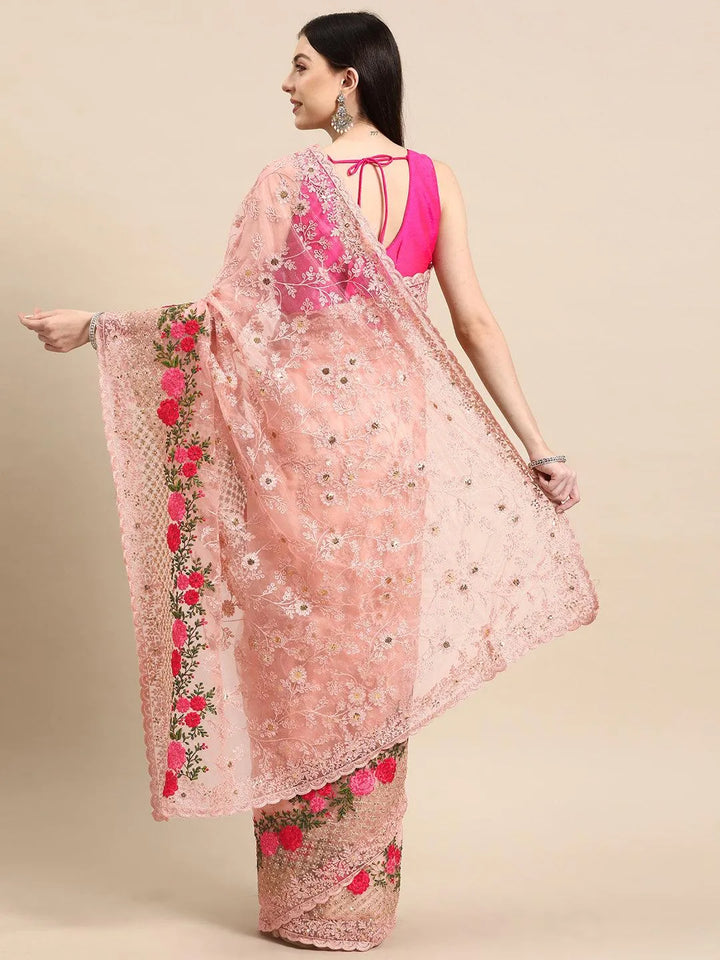 Peach Embroidered Net Saree - Libas