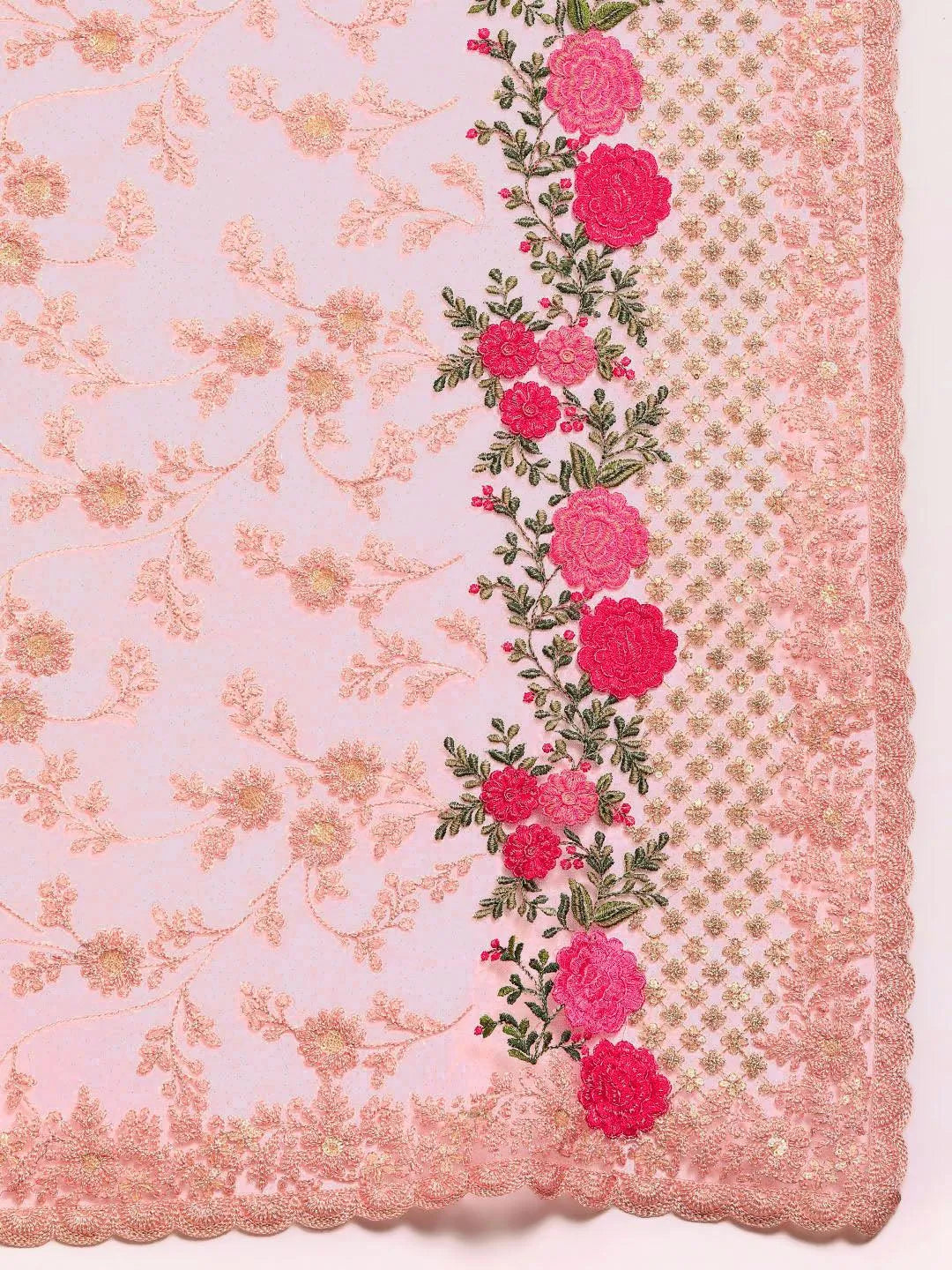 Peach Embroidered Net Saree - Libas 
