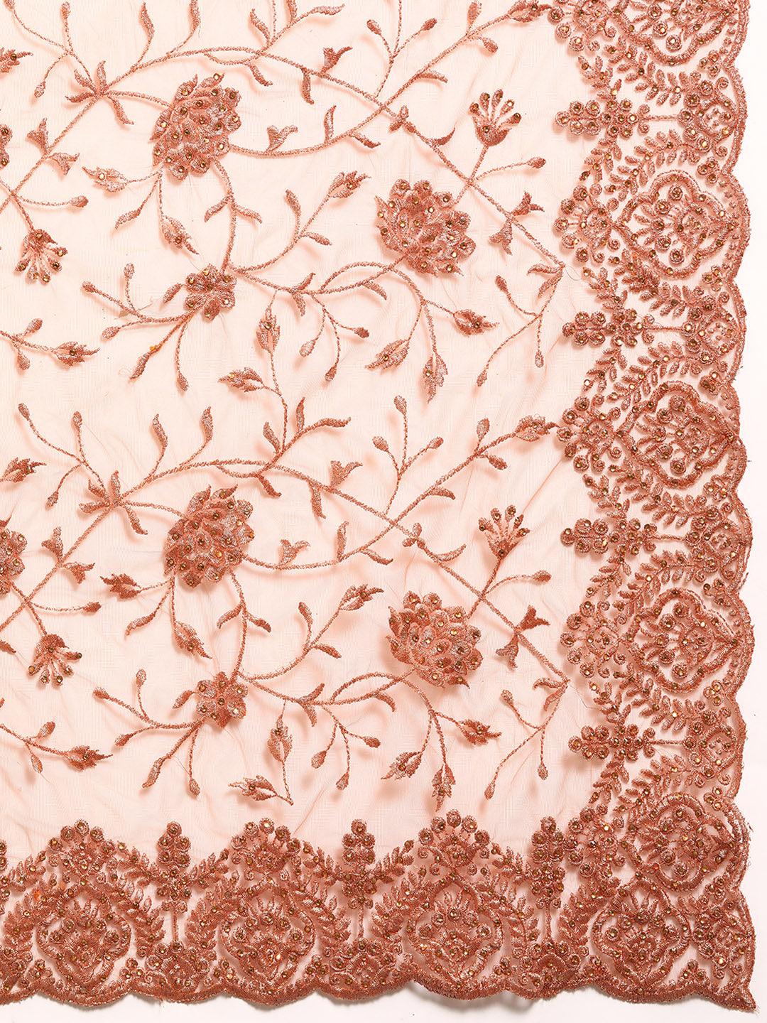 Peach Embroidered Net Saree - Libas