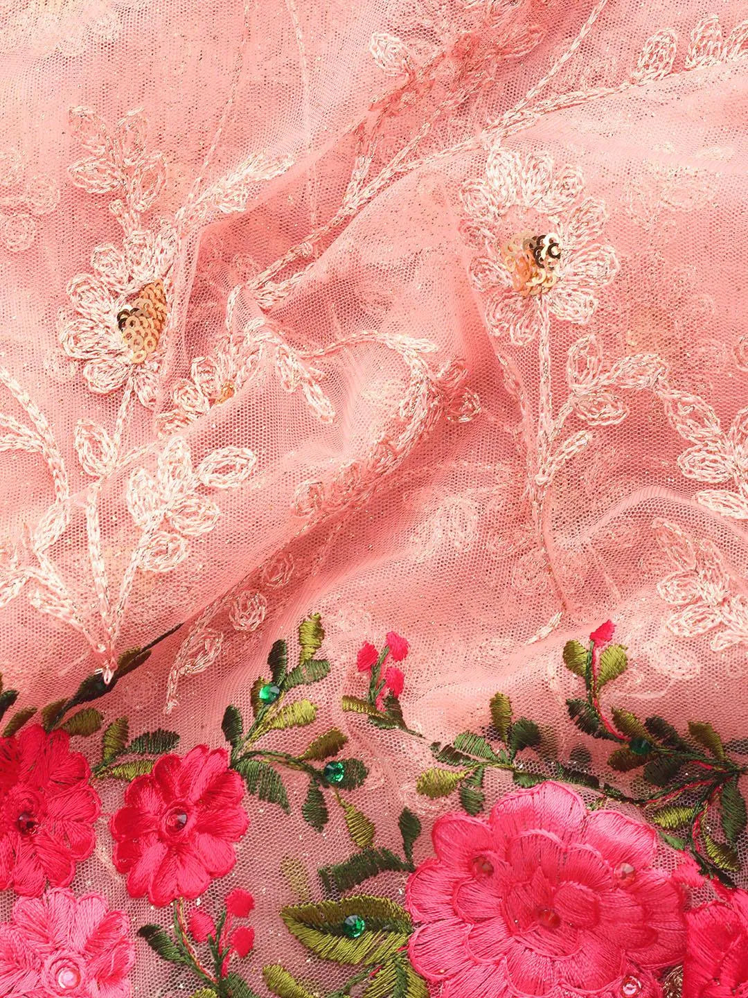 Peach Embroidered Net Saree - Libas 