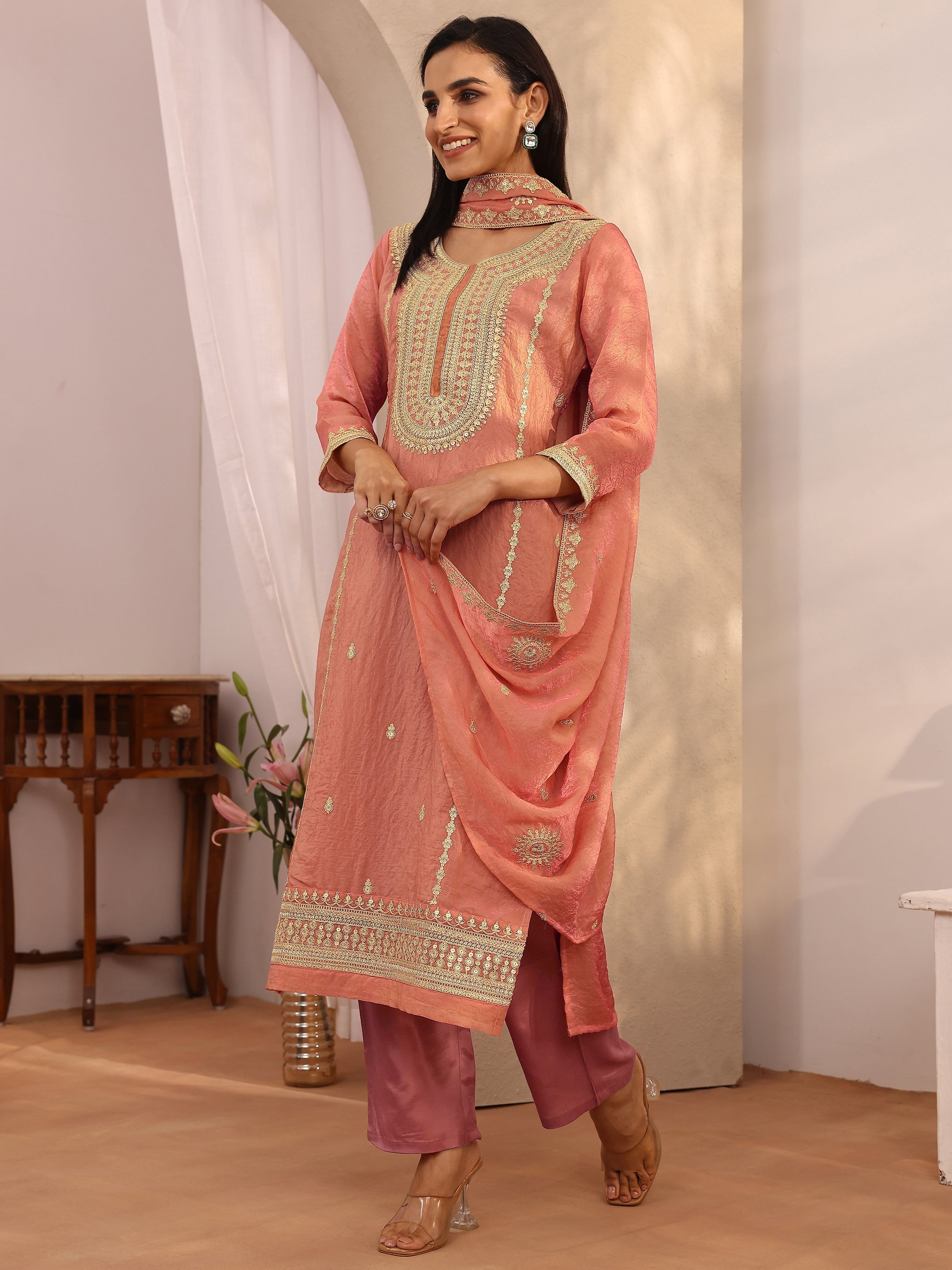 libas Peach Embroidered Organza Straight Suit Set With Dupatta-picture-25