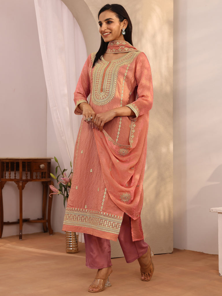 Libas Peach Embroidered Organza Straight Suit Set With Dupatta