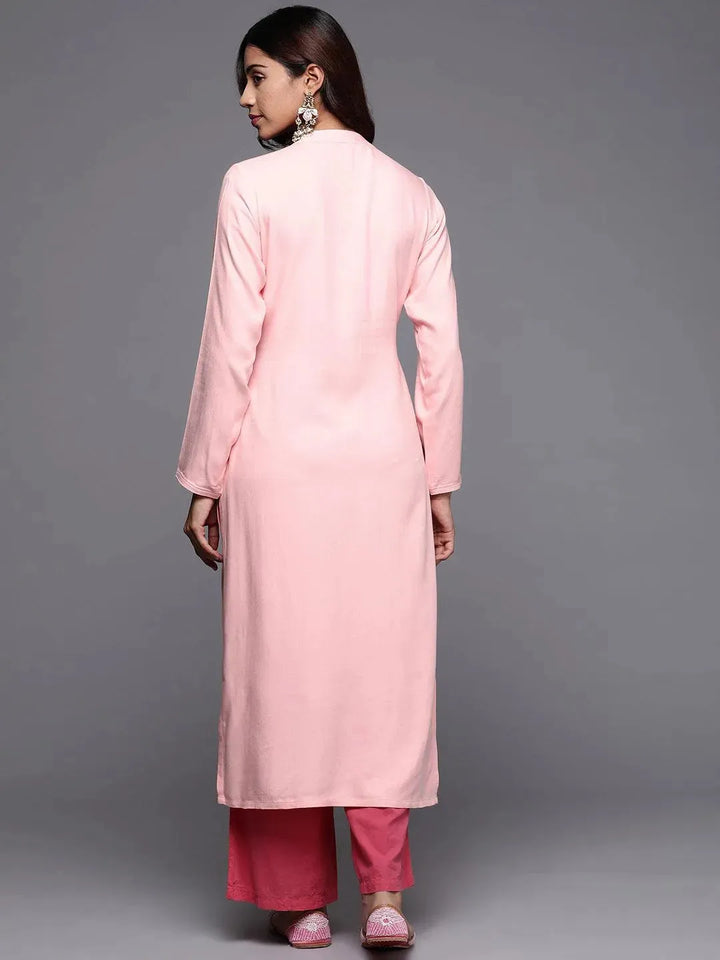 Peach Embroidered Pashmina Wool Straight Kurta - Libas