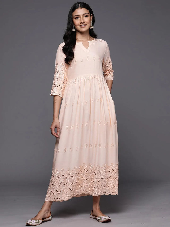 Peach Embroidered Rayon Fit and Flare Dress - Libas