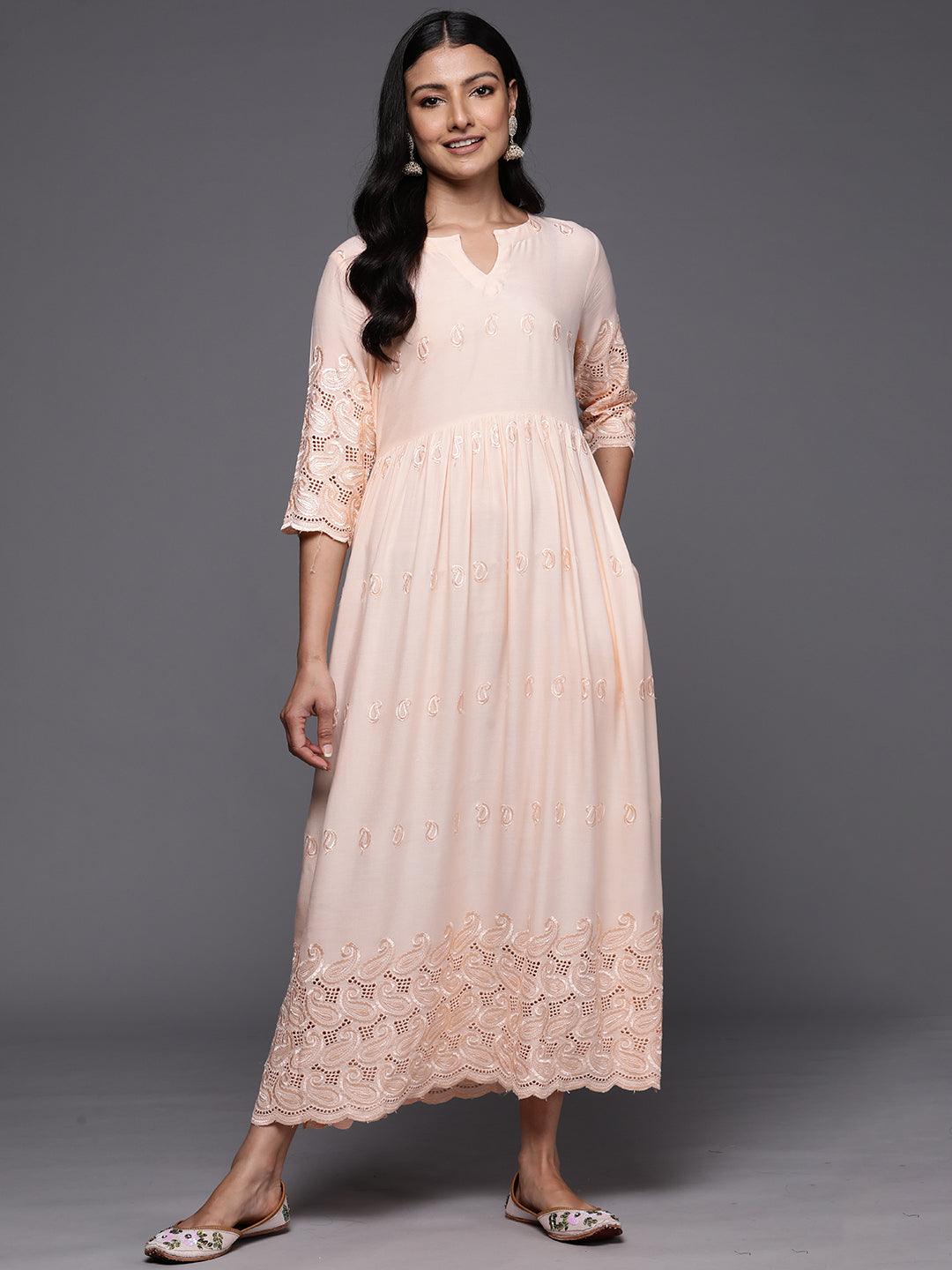Peach Embroidered Rayon Fit and Flare Dress - Libas