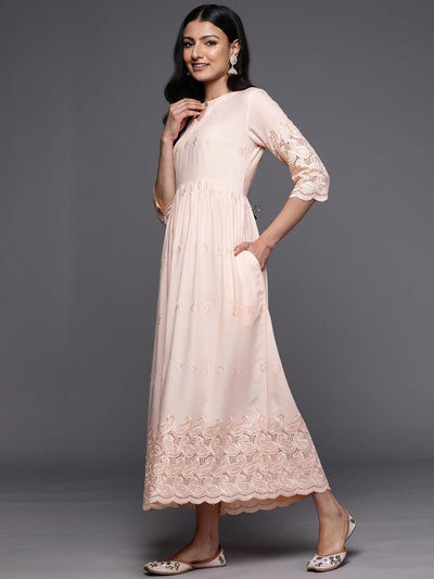 Peach Embroidered Rayon Fit and Flare Dress - Libas