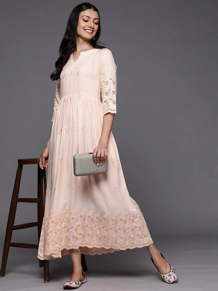 Peach Embroidered Rayon Fit and Flare Dress - Libas