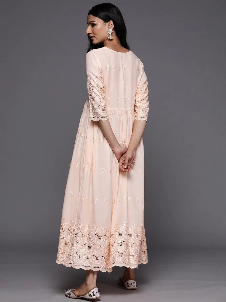 Peach Embroidered Rayon Fit and Flare Dress - Libas