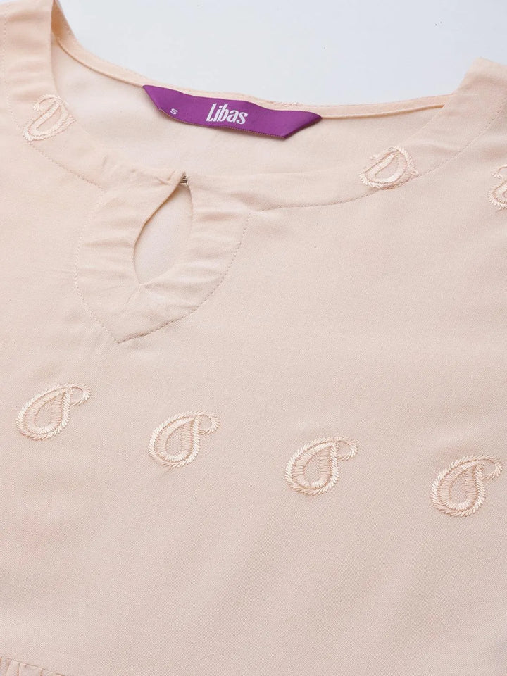 Peach Embroidered Rayon Fit and Flare Dress - Libas