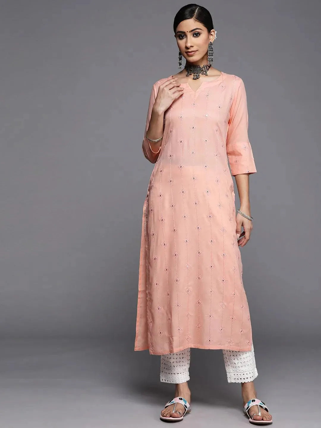 Peach Embroidered Rayon Kurta - Libas