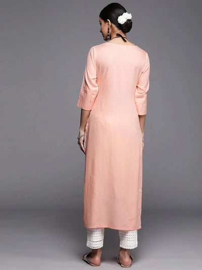 Peach Embroidered Rayon Kurta - Libas