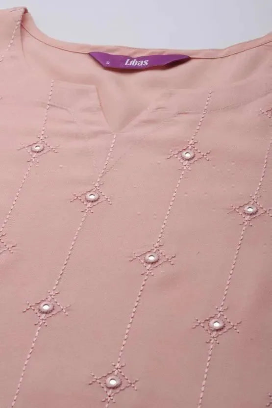 Peach Embroidered Rayon Kurta - Libas