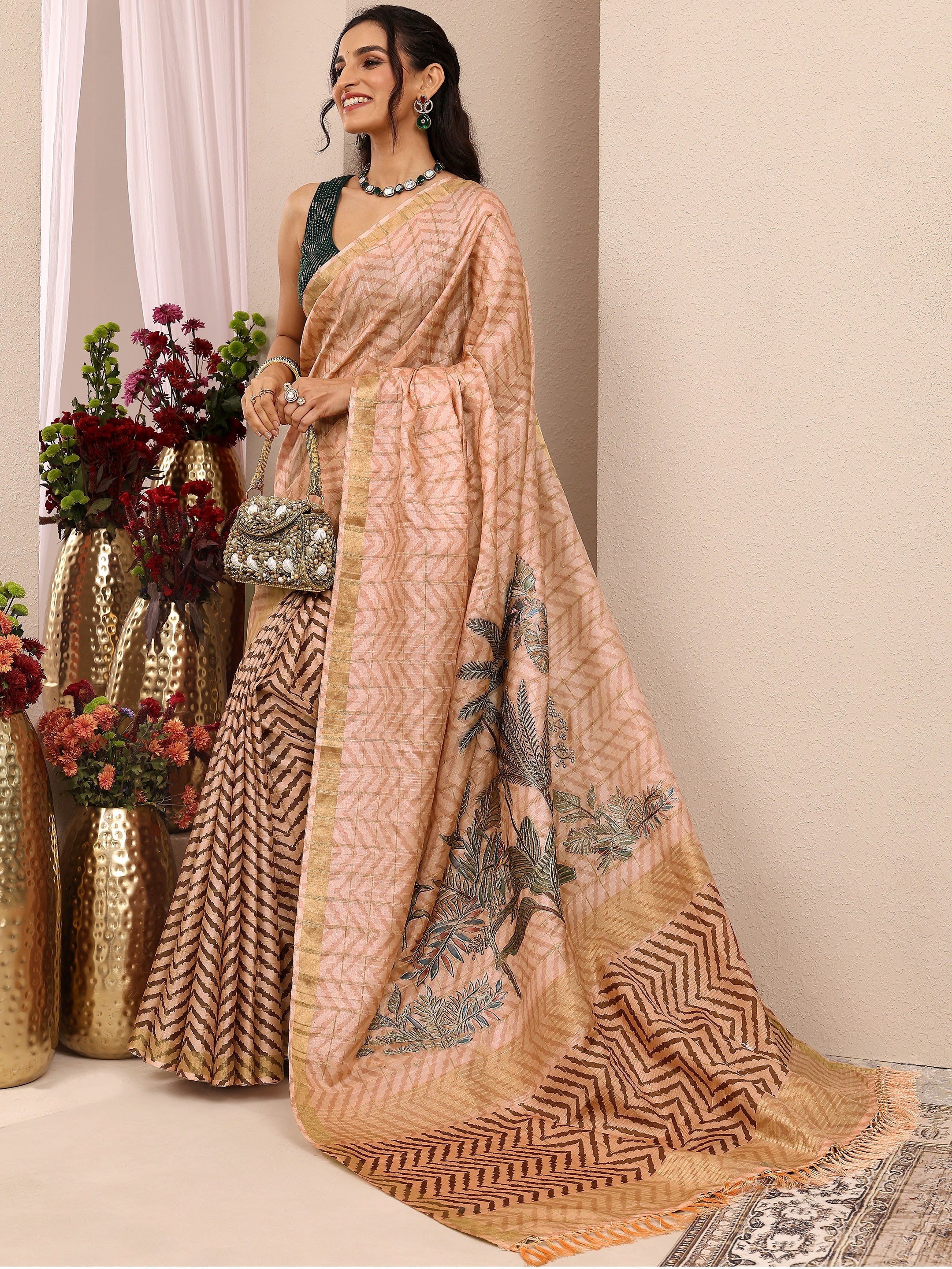 libas Peach Embroidered Silk Blend Saree With Unstitched Blouse Piece-picture-22