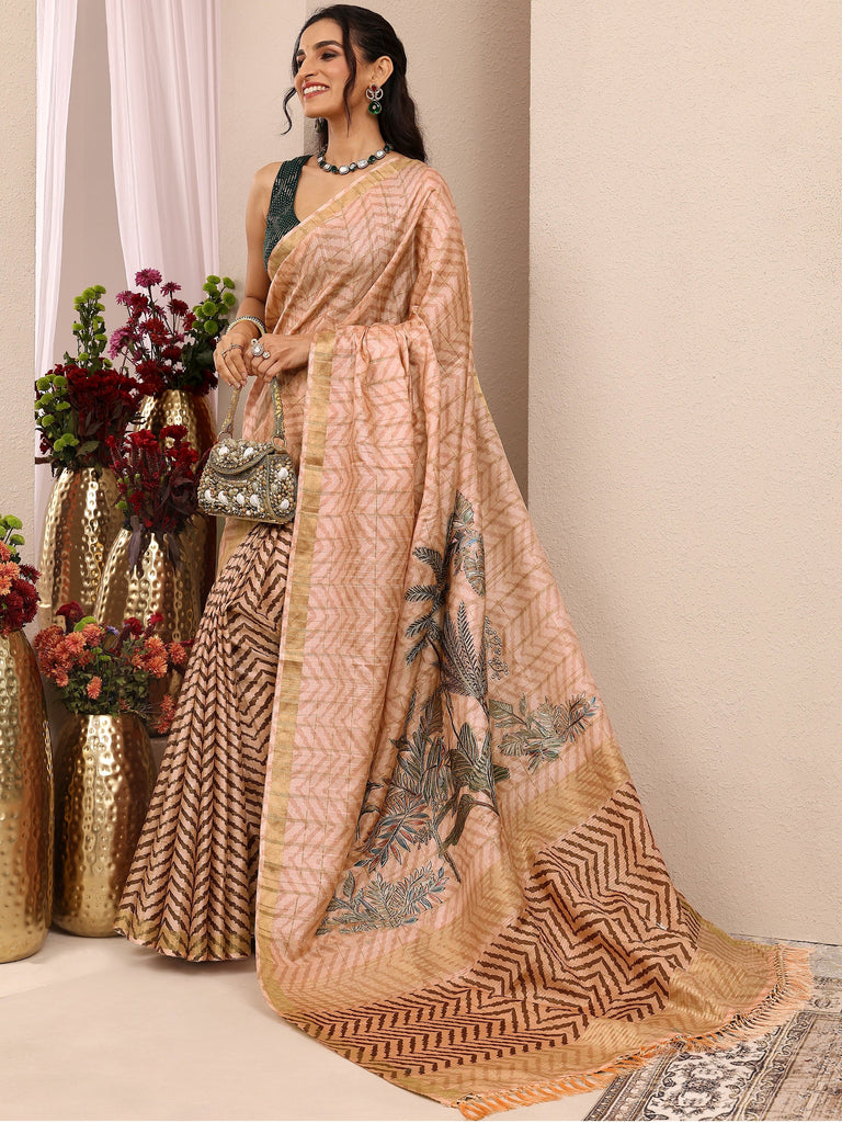 Libas Peach Embroidered Silk Blend Saree With Unstitched Blouse Piece