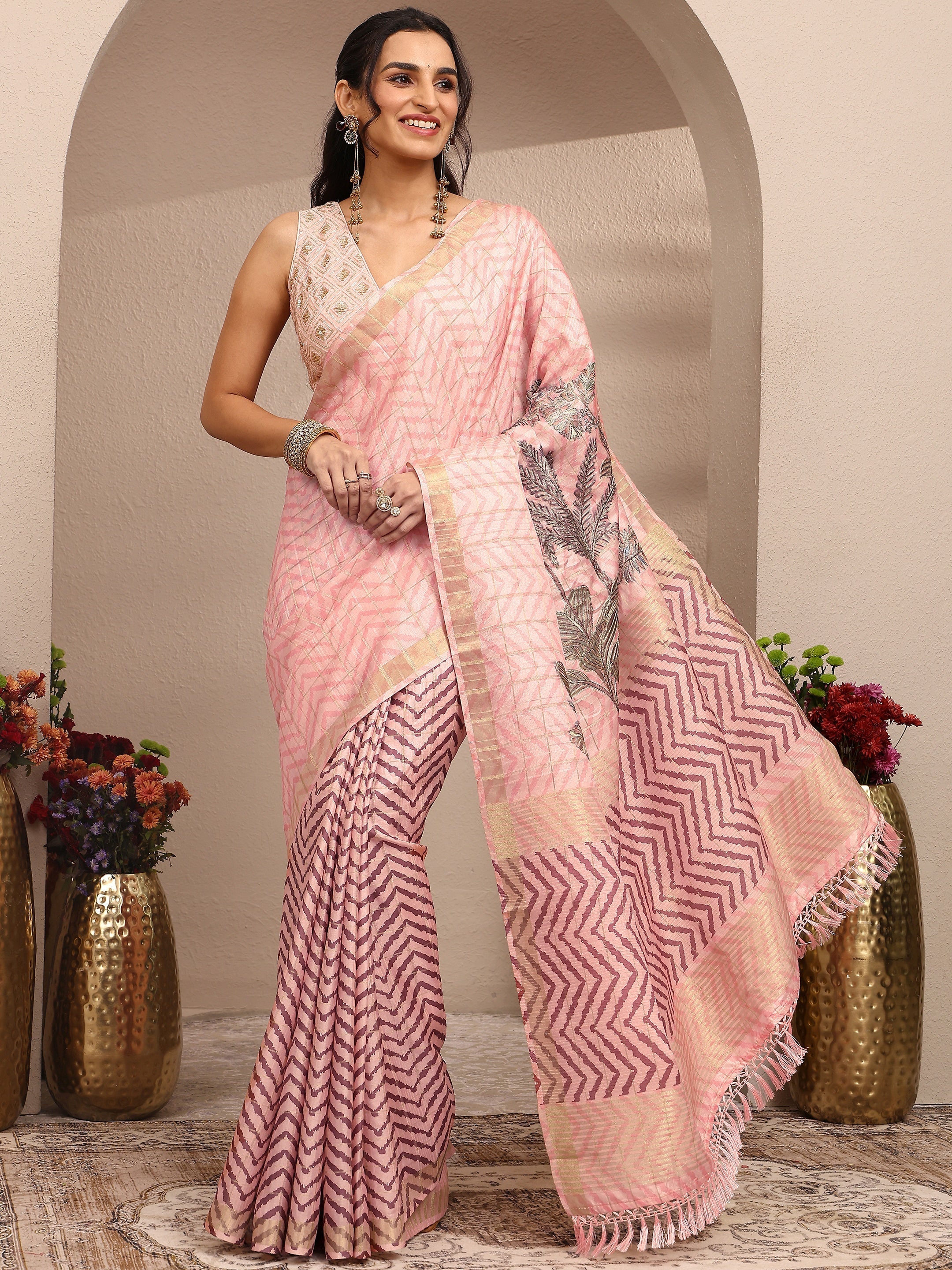 libas Peach Embroidered Silk Blend Saree With Unstitched Blouse Piece-picture-23