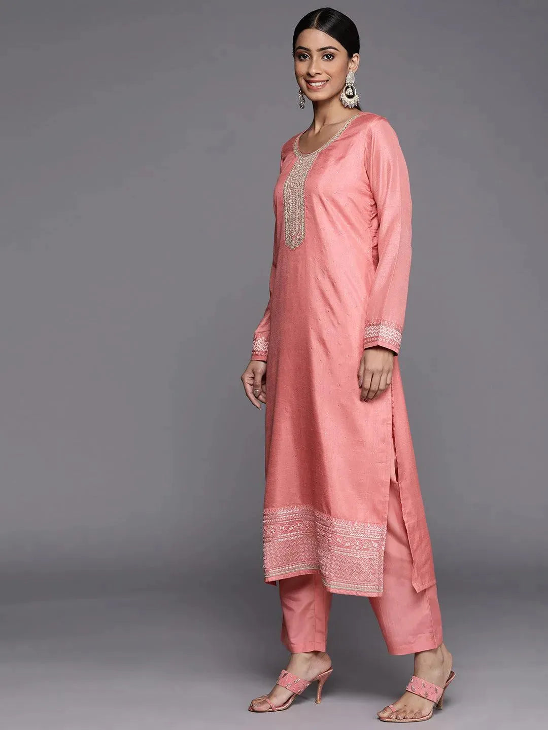Peach Embroidered Silk Blend Straight Suit Set - Libas 