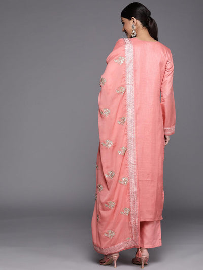 Peach Embroidered Silk Blend Straight Suit Set - Libas