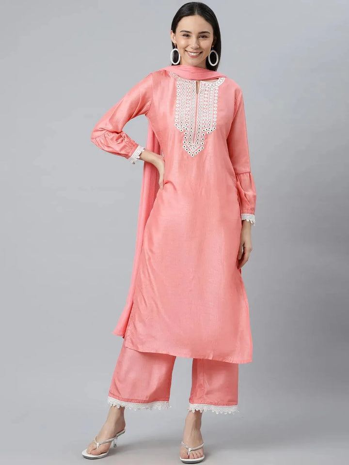 Peach Embroidered Silk Blend Suit Set - Libas