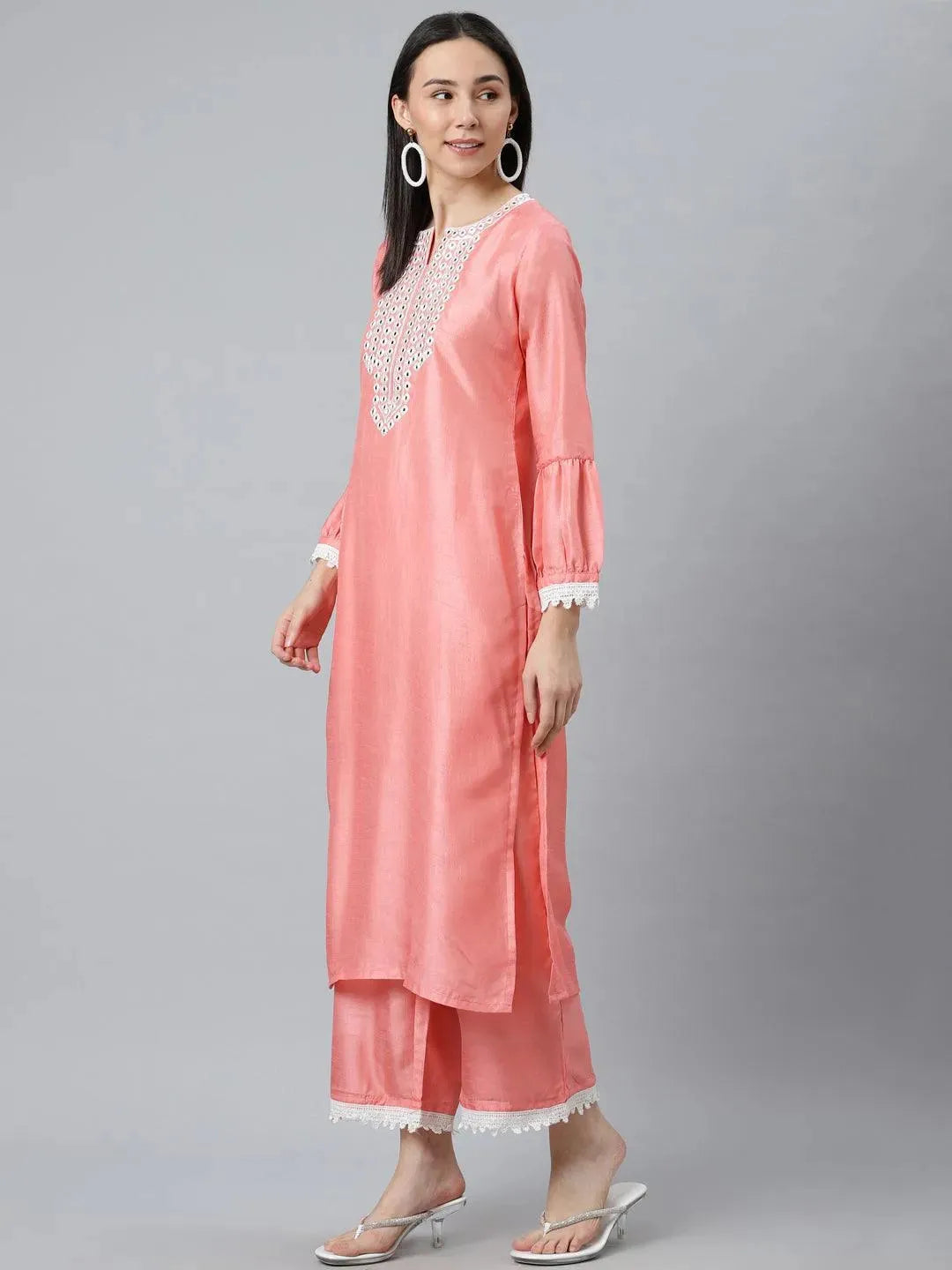 Peach Embroidered Silk Blend Suit Set - Libas 