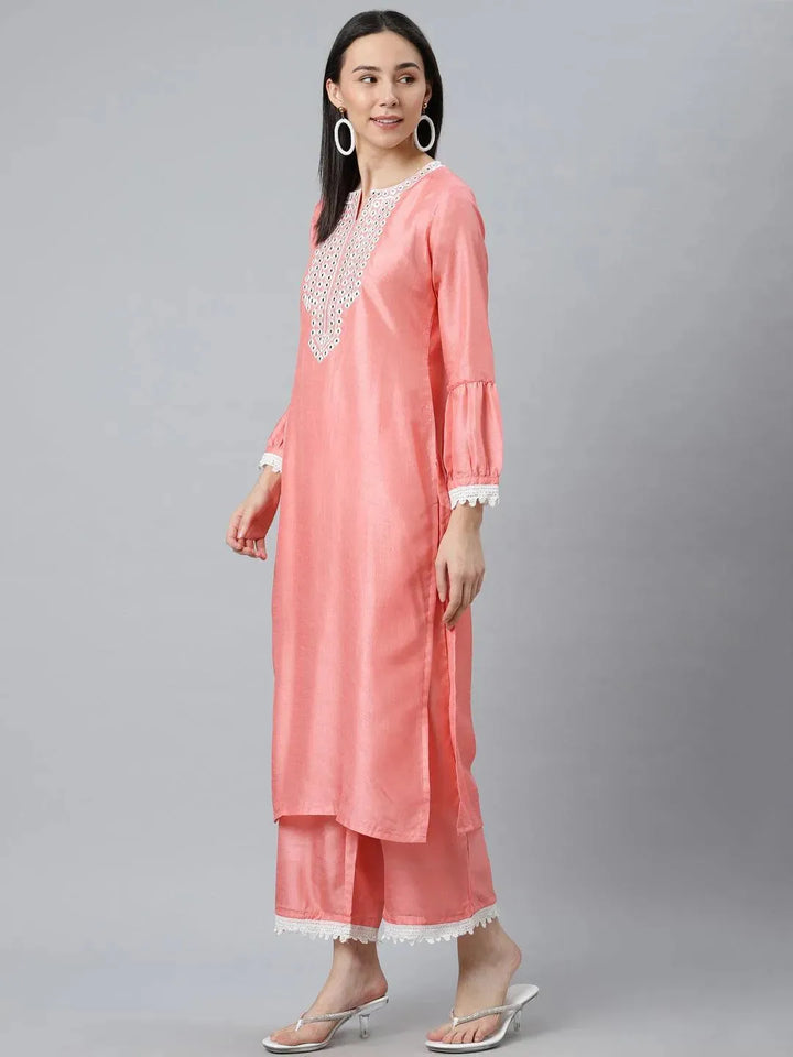 Peach Embroidered Silk Blend Suit Set - Libas