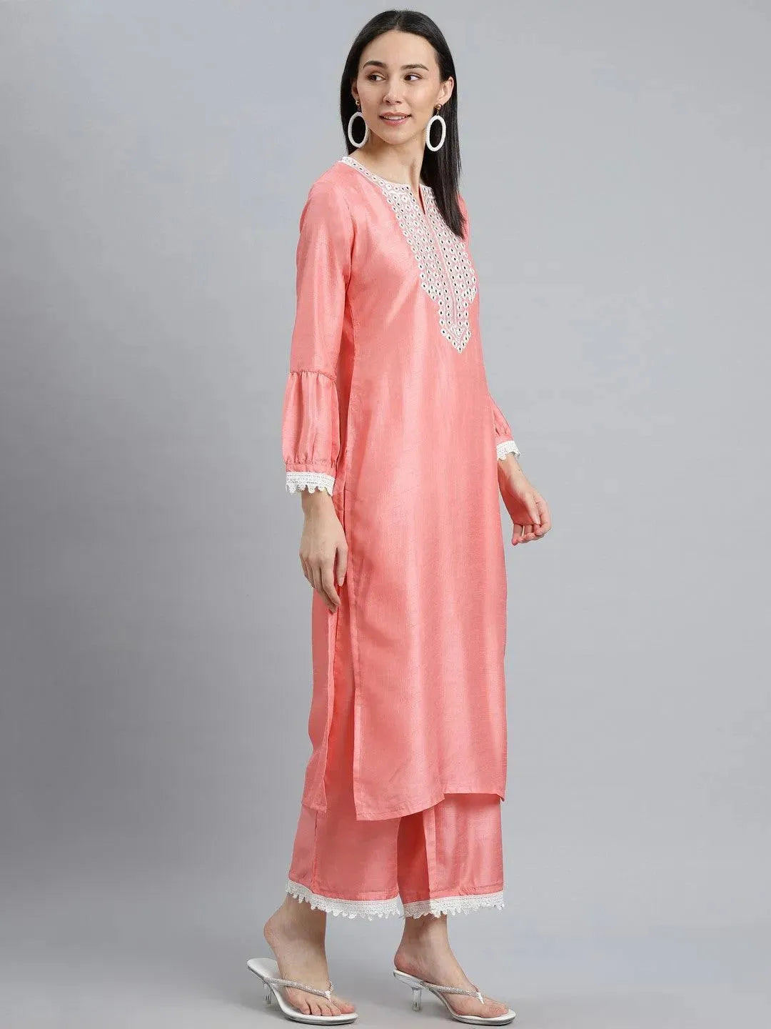 Peach Embroidered Silk Blend Suit Set - Libas 