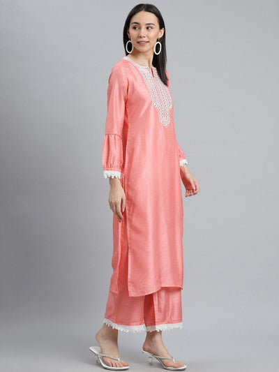 Peach Embroidered Silk Blend Suit Set - Libas