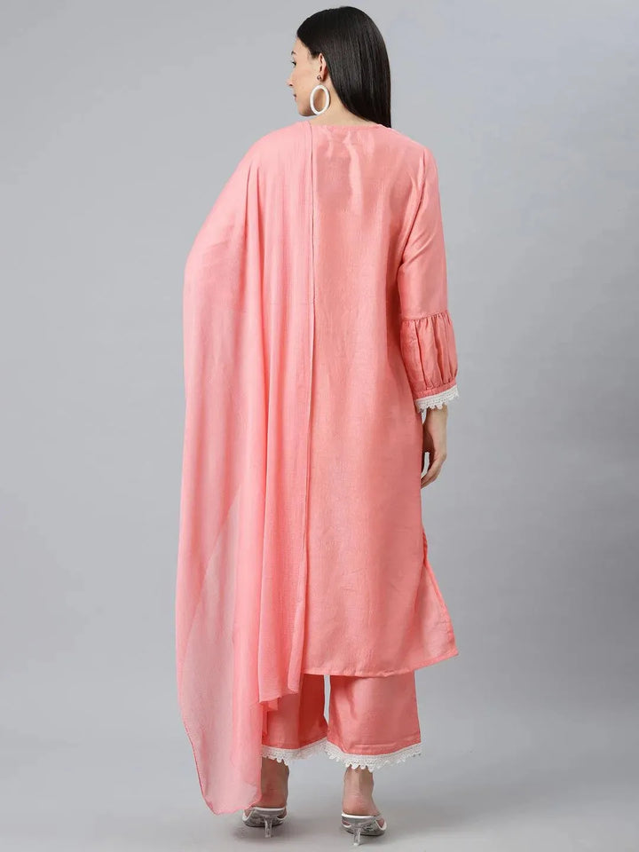 Peach Embroidered Silk Blend Suit Set - Libas