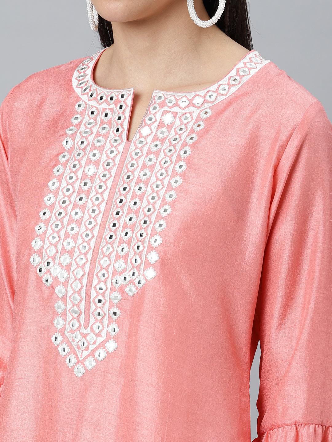 Peach Embroidered Silk Blend Suit Set - Libas