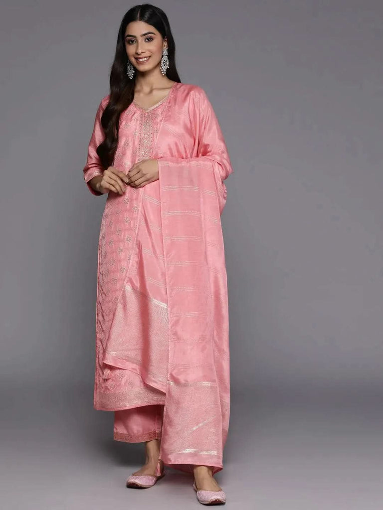 Libas Peach Embroidered Silk Blend Straight Kurta With Trousers & Dupatta