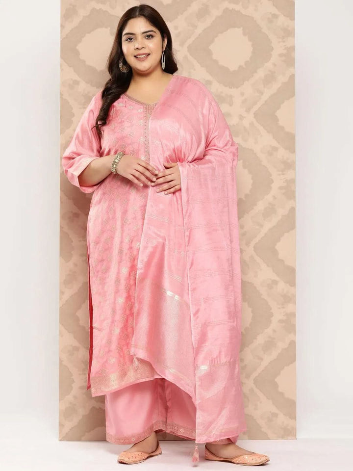 Peach Embroidered Silk Blend Straight Kurta With Trousers and Dupatta - Libas