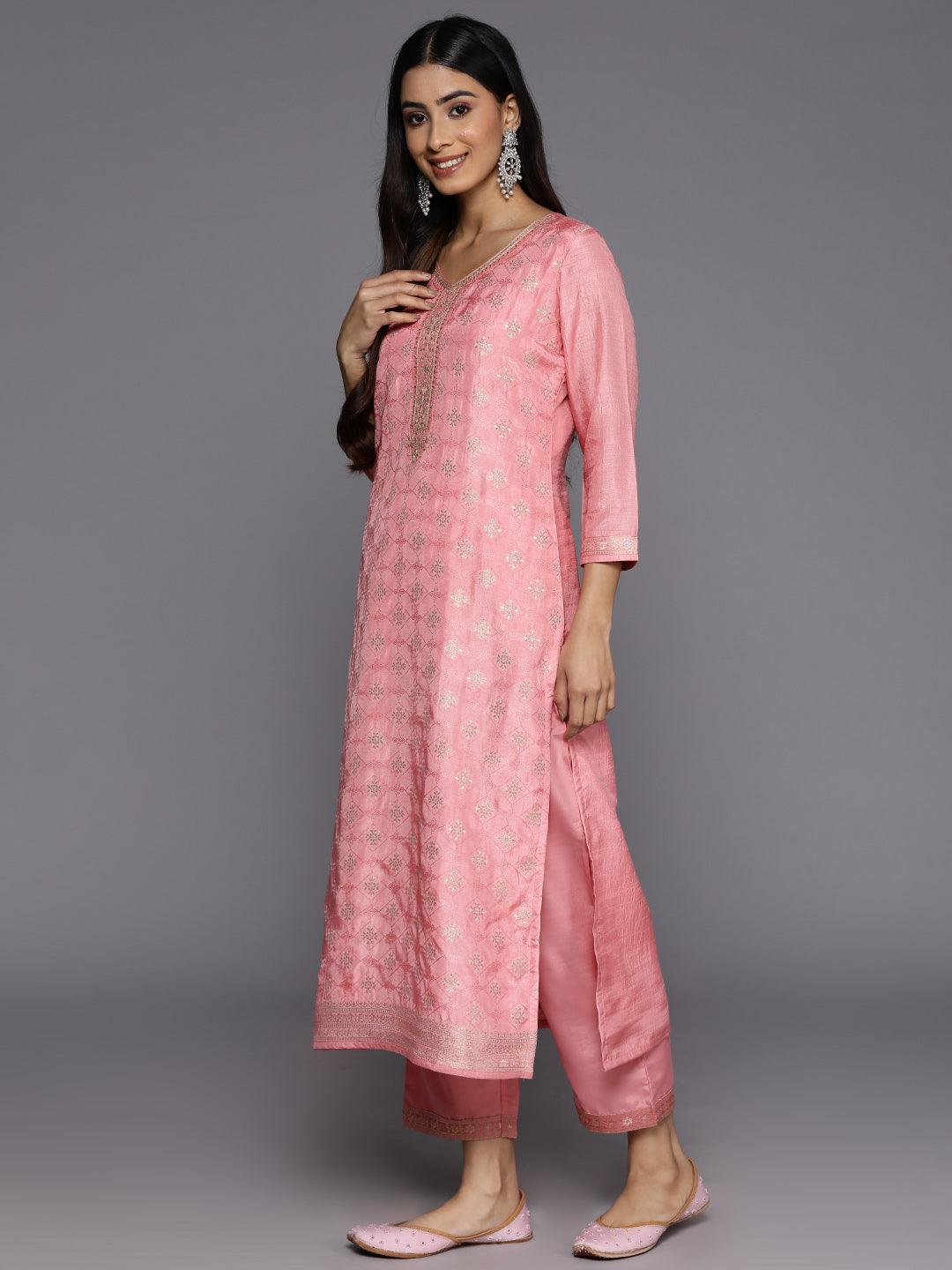 Peach Embroidered Silk Blend Suit Set With Trousers - Libas