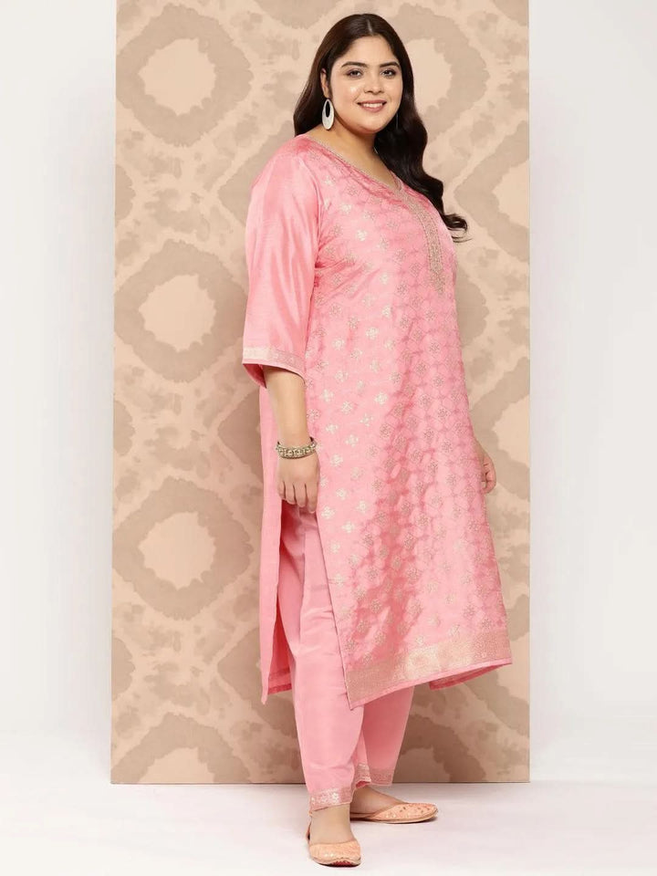 Peach Embroidered Silk Blend Straight Kurta With Trousers and Dupatta - Libas