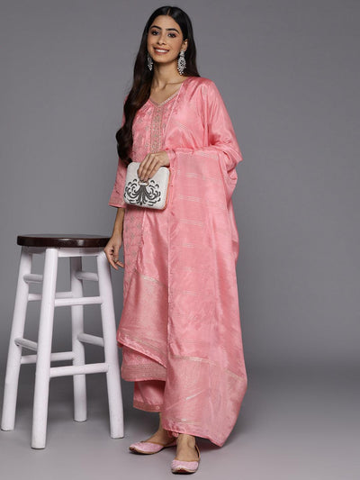 Peach Embroidered Silk Blend Suit Set With Trousers - Libas