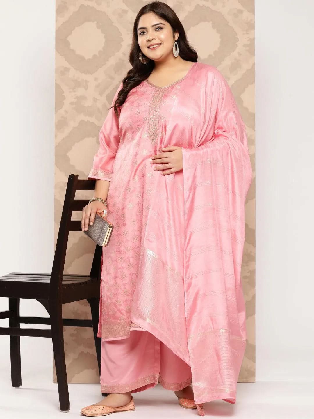 Peach Embroidered Silk Blend Straight Kurta With Trousers and Dupatta - Libas 