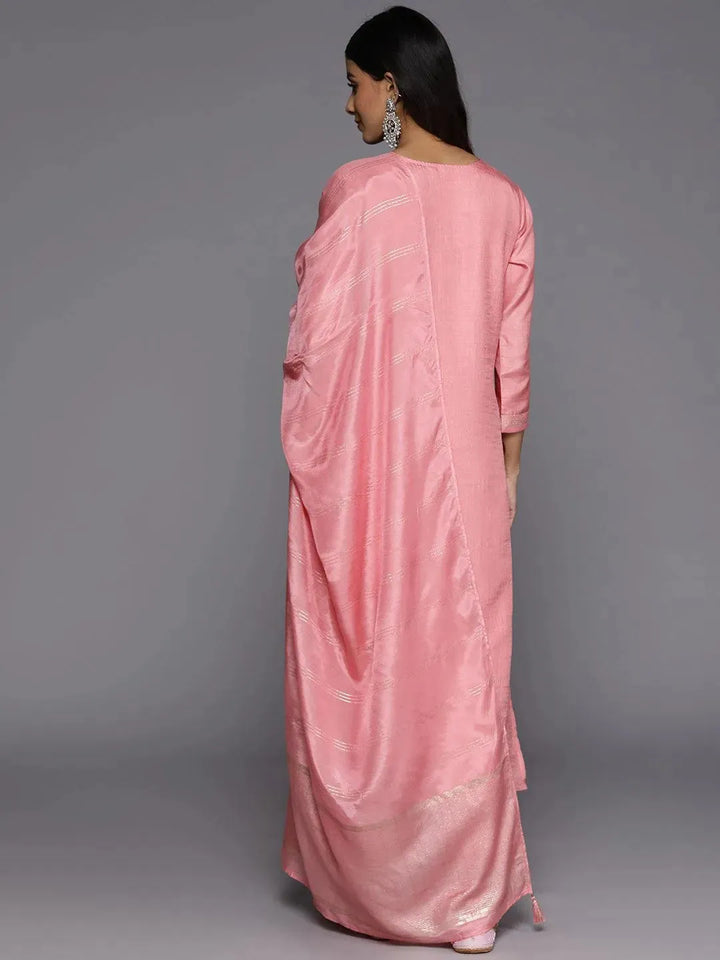 Peach Embroidered Silk Blend Suit Set With Trousers - Libas